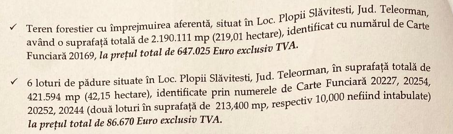 Fragment din documentația licitației: terenurile forestiere și prețurile menționate.