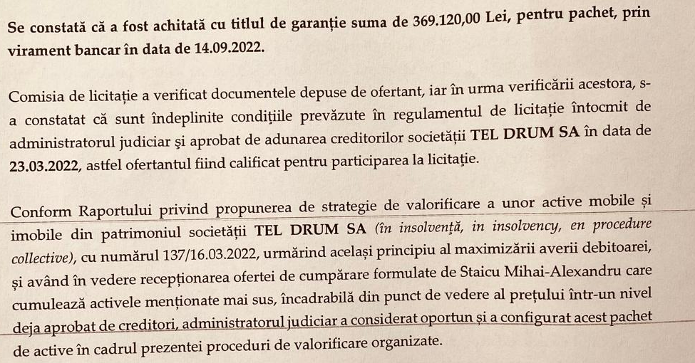 Fragment privind garanția, participarea la licitație și oferta de cumpărare.