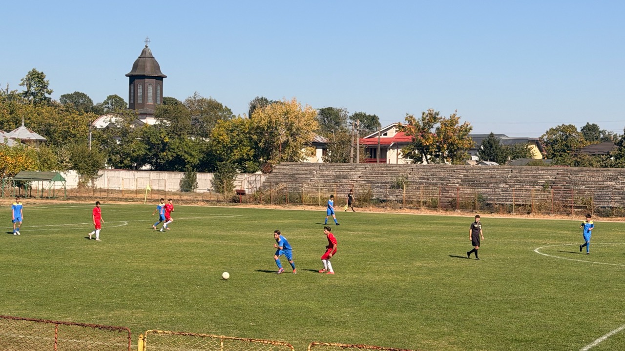 Vedere de ansamblu a terenului și tribunelor în timpul meciului